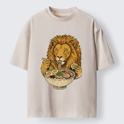 Tokyo-Tiger King Lion Enjoying Ramen Dinner Washed T-Shirt