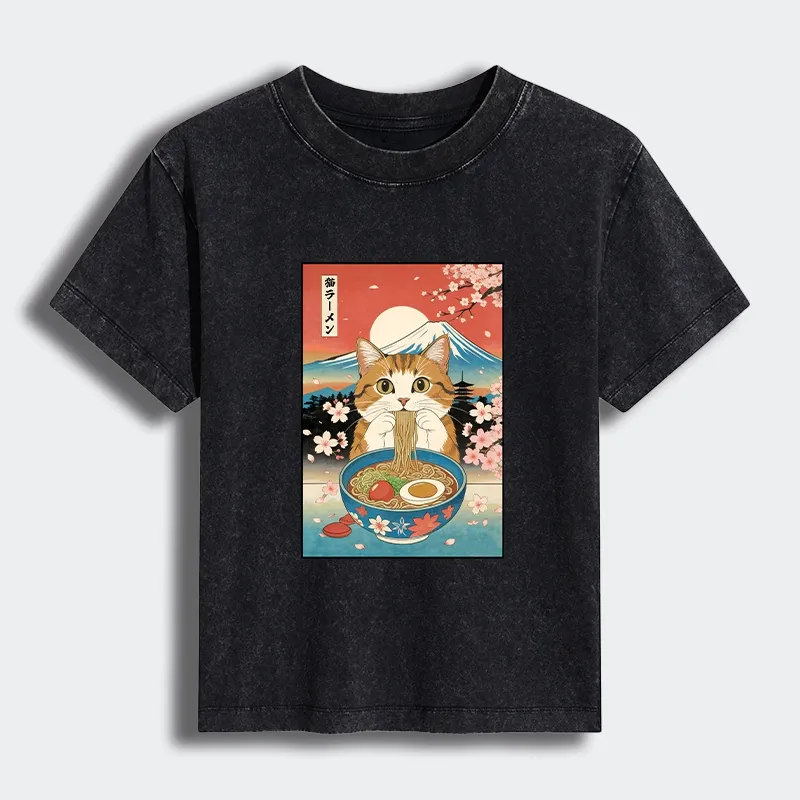 Tokyo-Tiger Funny Orange Cat Eating Ramen Japan Women's Washed T-shirt