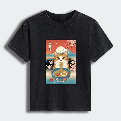 Tokyo-Tiger Funny Orange Cat Eating Ramen Japan Women's Washed T-shirt