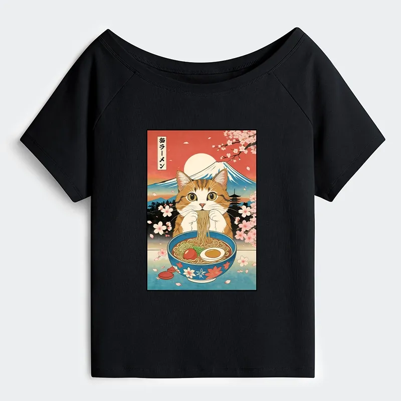 Tokyo-Tiger Funny Orange Cat Eating Ramen Japan Off Shoulder T-Shirt