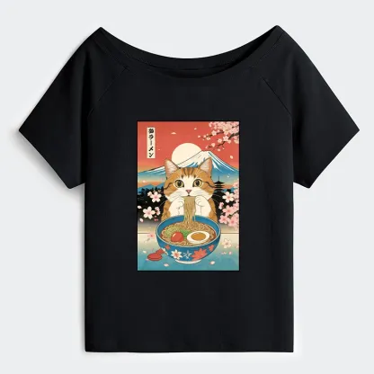 Tokyo-Tiger Funny Orange Cat Eating Ramen Japan Off Shoulder T-Shirt