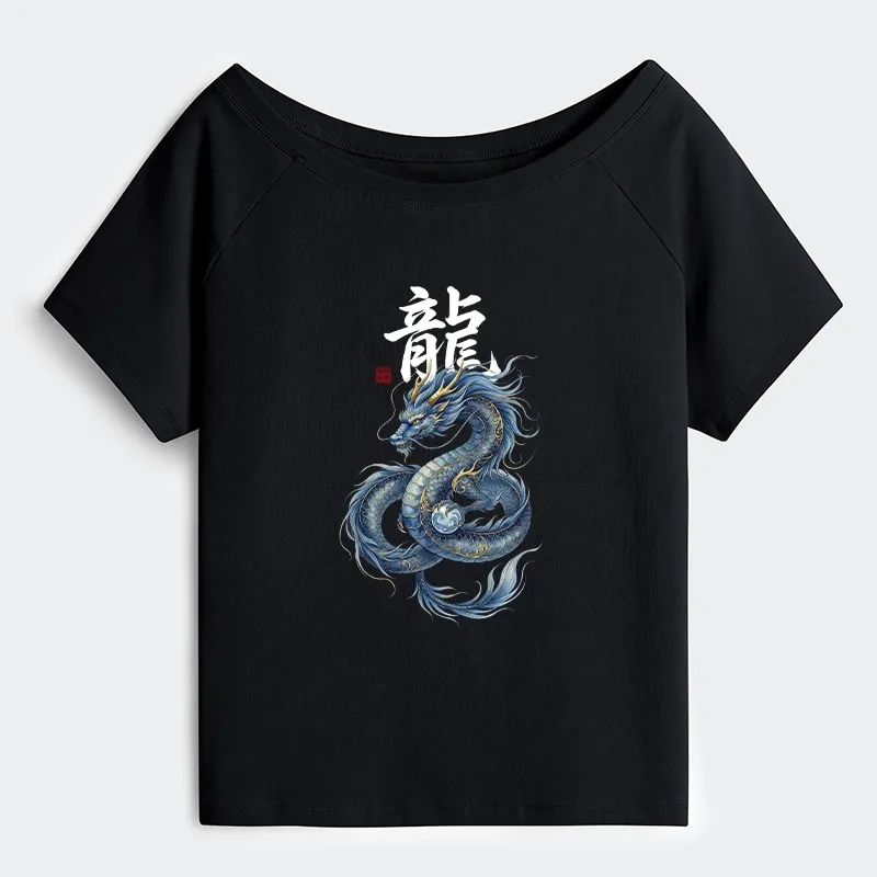 Tokyo-Tiger Mythic Blue Dragon Off Shoulder T-Shirt