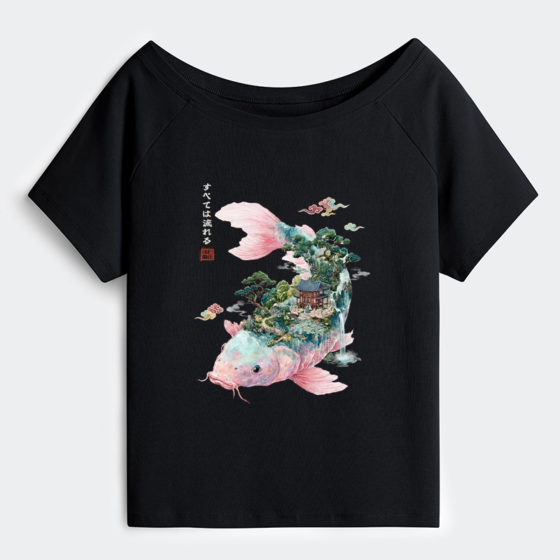 Tokyo-Tiger Journey Of The Flowing Koi Off Shoulder T-Shirt