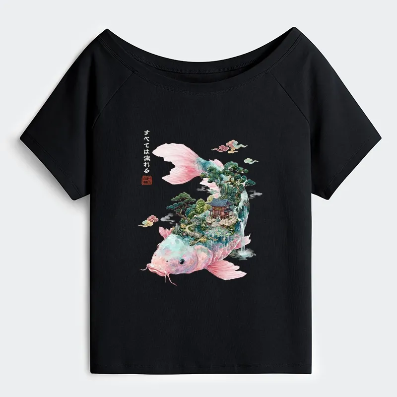 Tokyo-Tiger Journey Of The Flowing Koi Off Shoulder T-Shirt