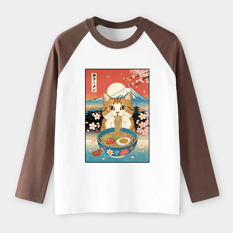 Tokyo-Tiger Funny Orange Cat Eating Ramen Japan Raglan Long Sleeve T-shirt