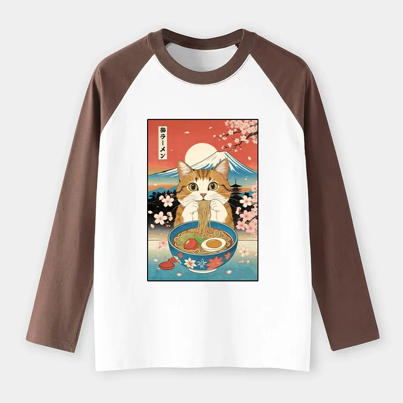Tokyo-Tiger Funny Orange Cat Eating Ramen Japan Raglan Long Sleeve T-shirt