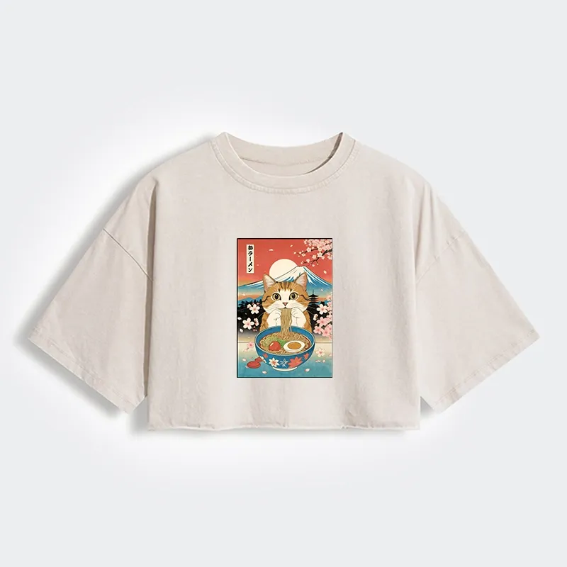Tokyo-Tiger Funny Orange Cat Eating Ramen Japan Women's Washed Crop T-Shirt