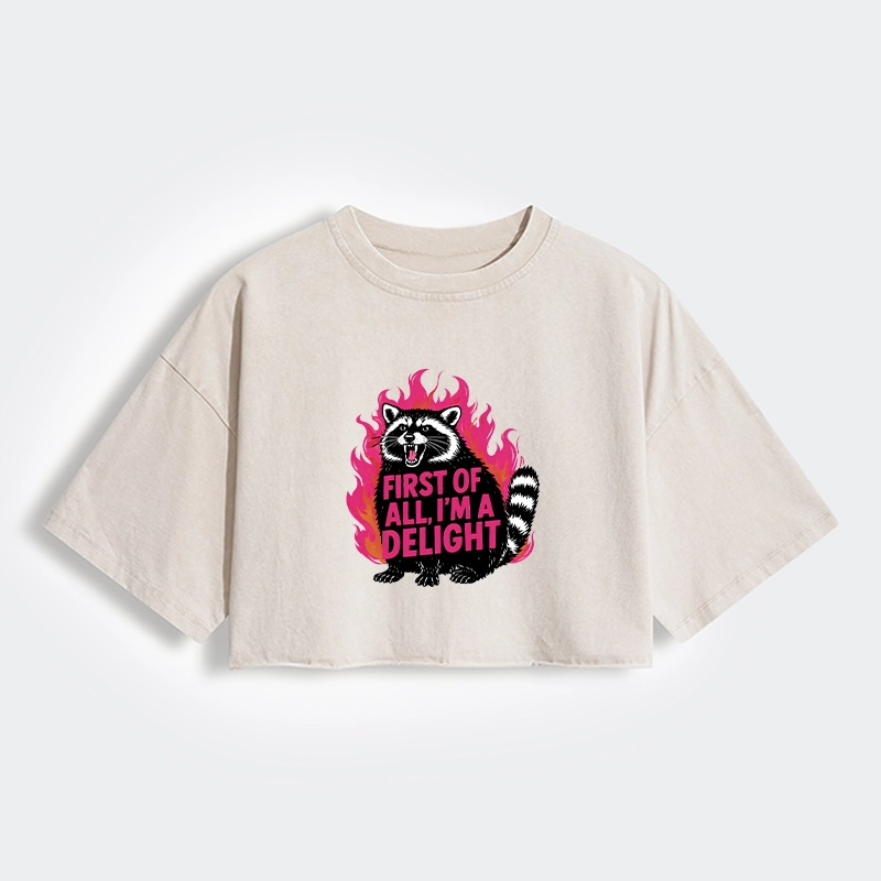 Tokyo-Tiger Angry Raccoon Funny Women's Washed Crop T-Shirt