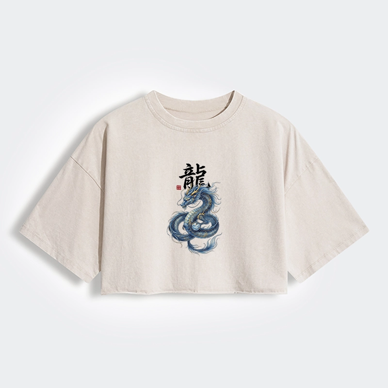 Tokyo-Tiger Mythic Blue Dragon Women's Washed Crop T-Shirt