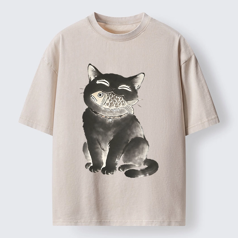 Tokyo-Tiger Black Cat Delightful Feast Washed T-Shirt