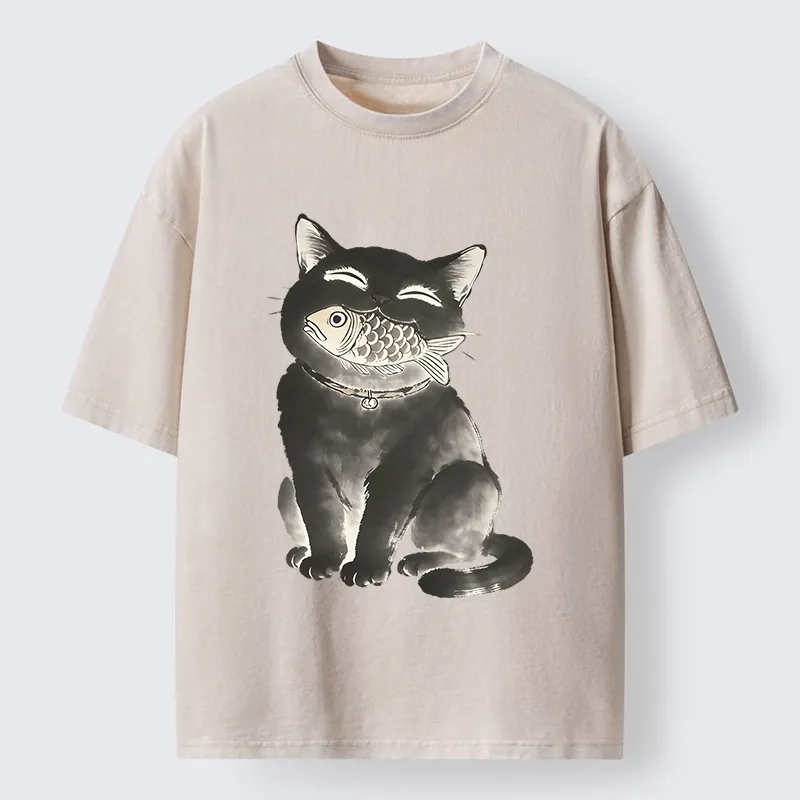 Tokyo-Tiger Black Cat Delightful Feast Washed T-Shirt Sale