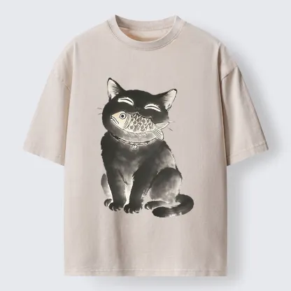 Tokyo-Tiger Black Cat Delightful Feast Washed T-Shirt