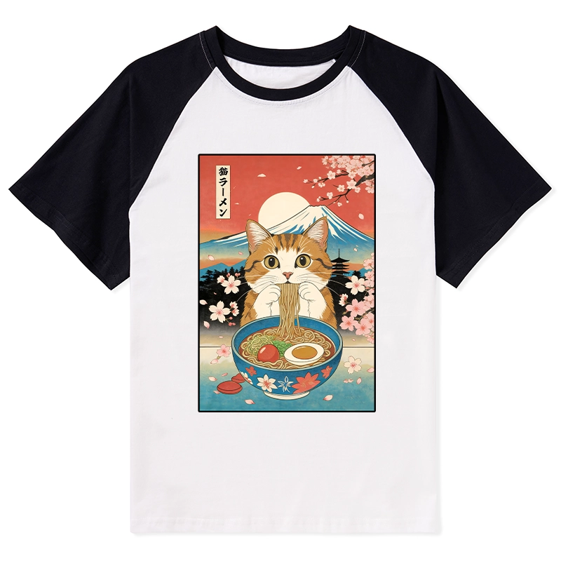 Tokyo-Tiger Funny Orange Cat Eating Ramen Japan Raglan T-shirt
