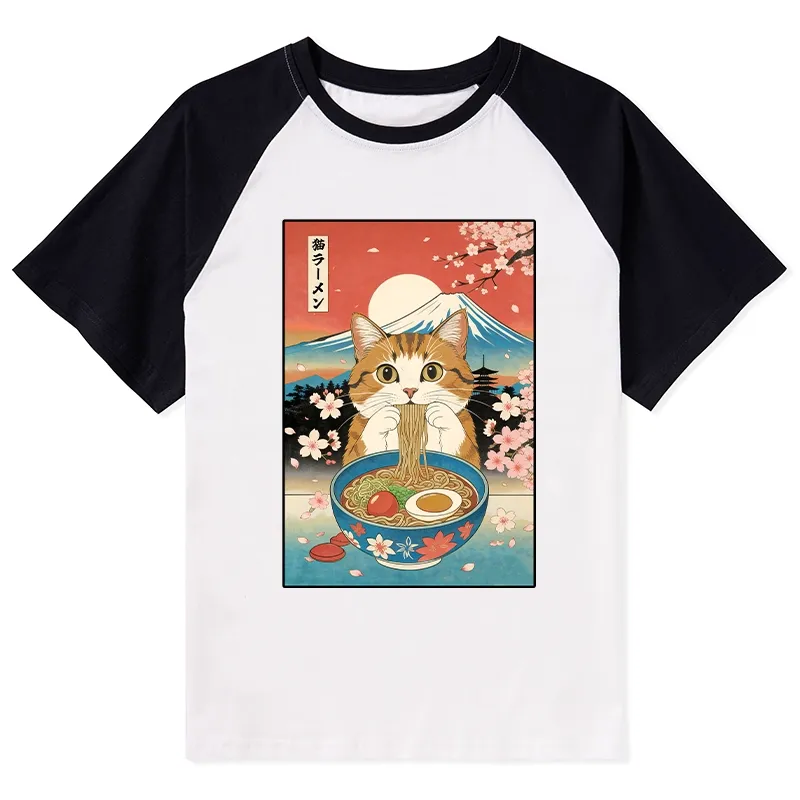 Tokyo-Tiger Funny Orange Cat Eating Ramen Japan Raglan T-shirt