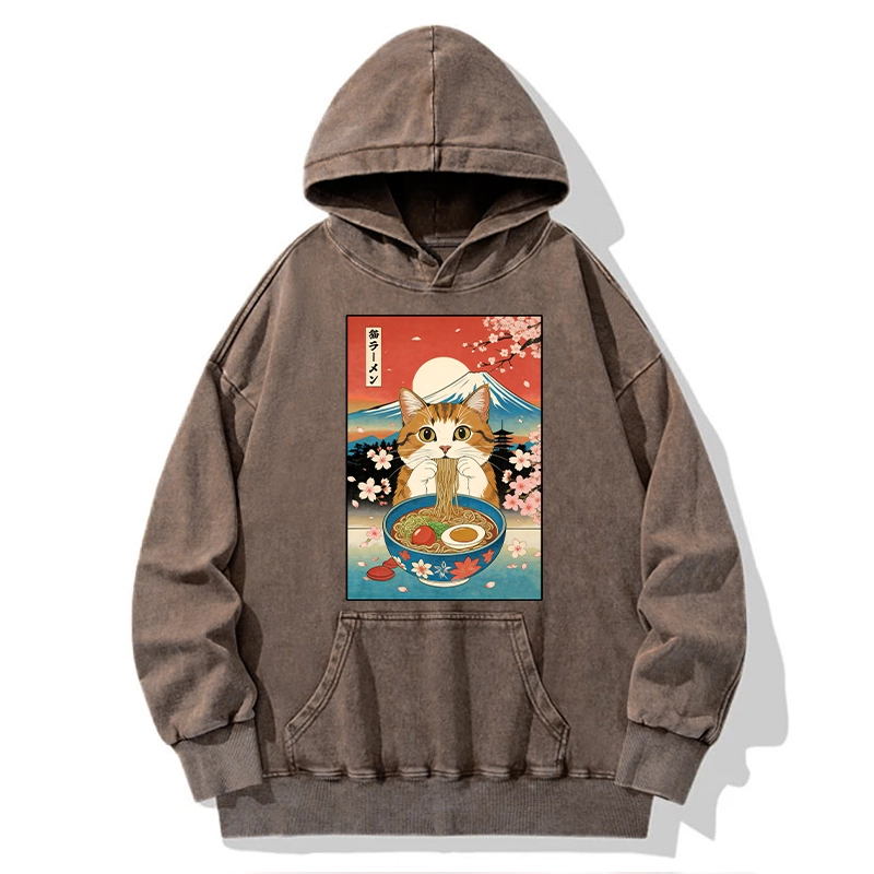 Tokyo-Tiger Funny Orange Cat Eating Ramen Japan Washed Hoodie