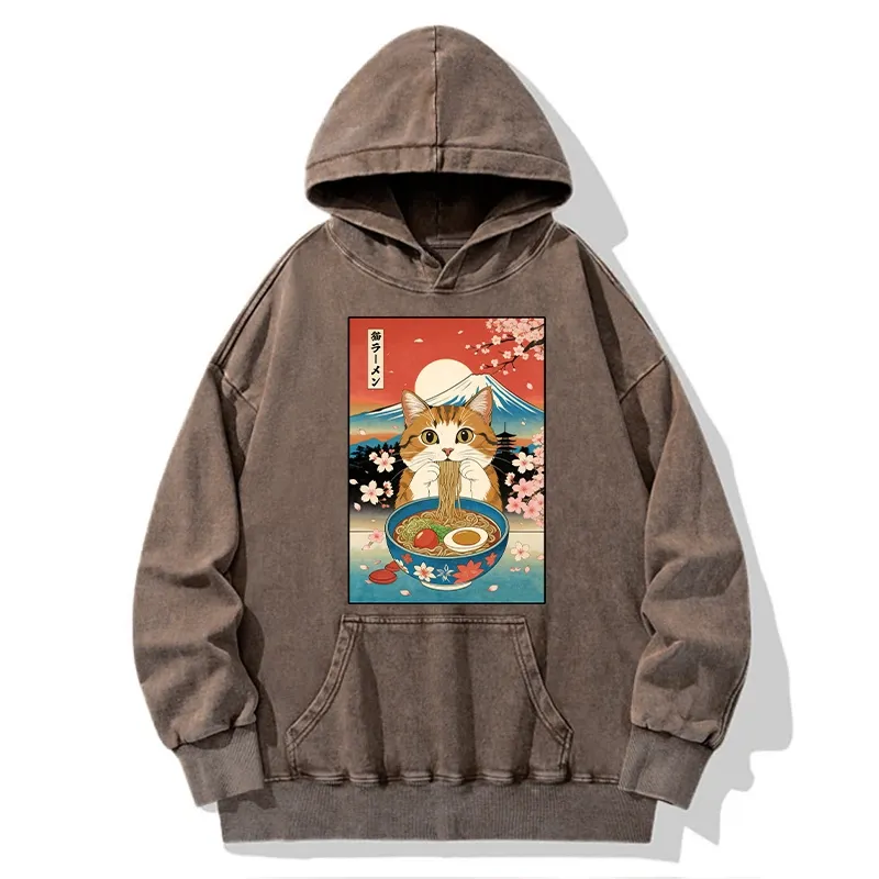 Tokyo-Tiger Funny Orange Cat Eating Ramen Japan Washed Hoodie