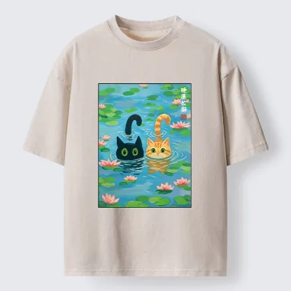 Tokyo-Tiger Cats In The Lotus Pond Washed T-Shirt
