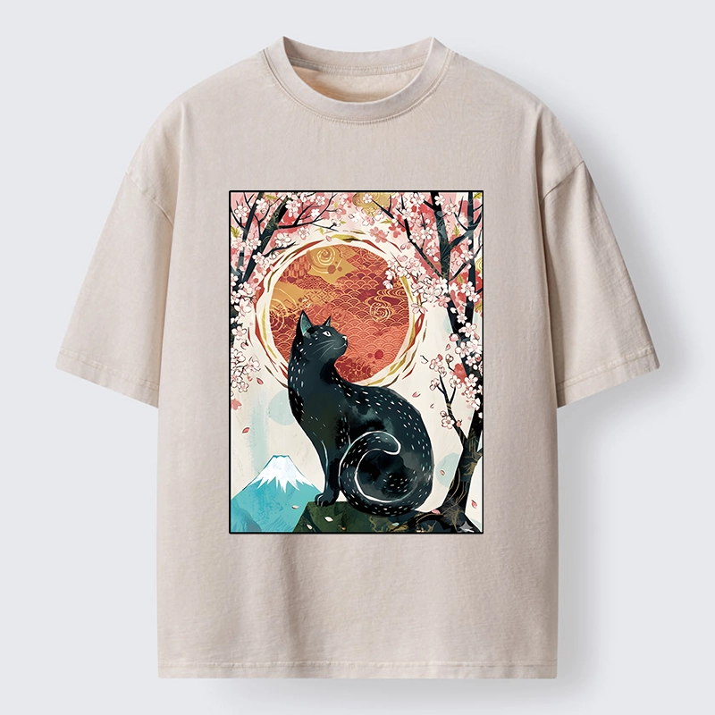 Tokyo-Tiger Black Cat Sakura Washed T-Shirt