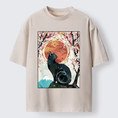 Tokyo-Tiger Black Cat Sakura Washed T-Shirt