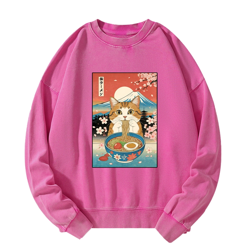 Tokyo-Tiger Funny Orange Cat Eating Ramen Japan Washed Sweatshirt