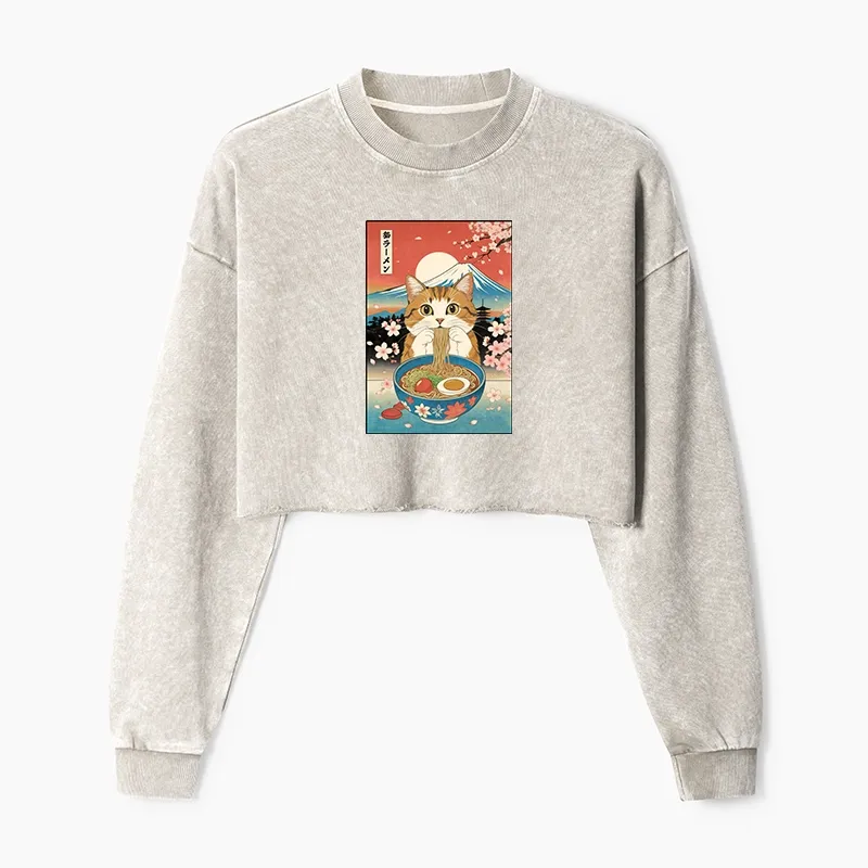 Tokyo-Tiger Funny Orange Cat Eating Ramen Japan Washed Crop Sweatshirt