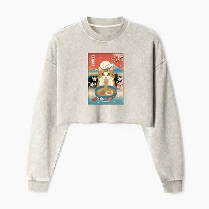 Tokyo-Tiger Funny Orange Cat Eating Ramen Japan Washed Crop Sweatshirt