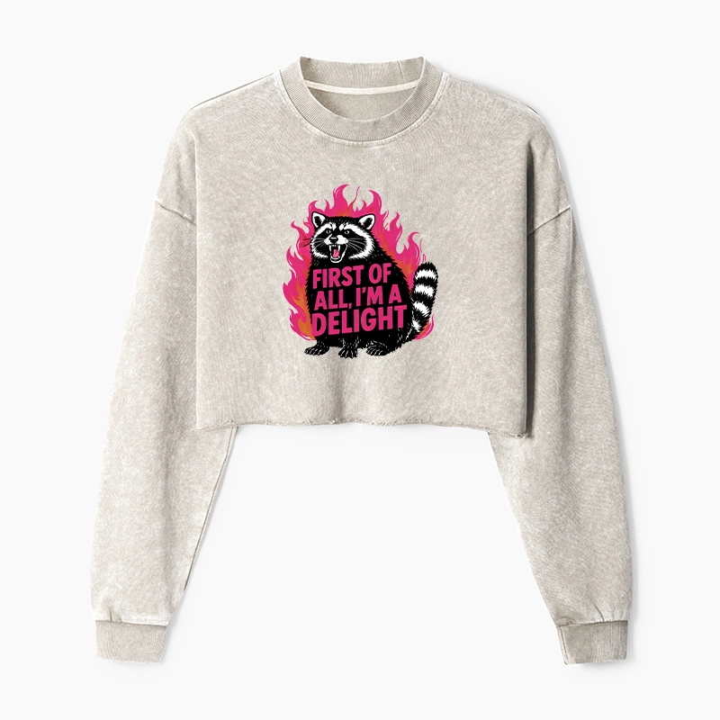 Tokyo-Tiger Angry Raccoon Funny Washed Crop Sweatshirt