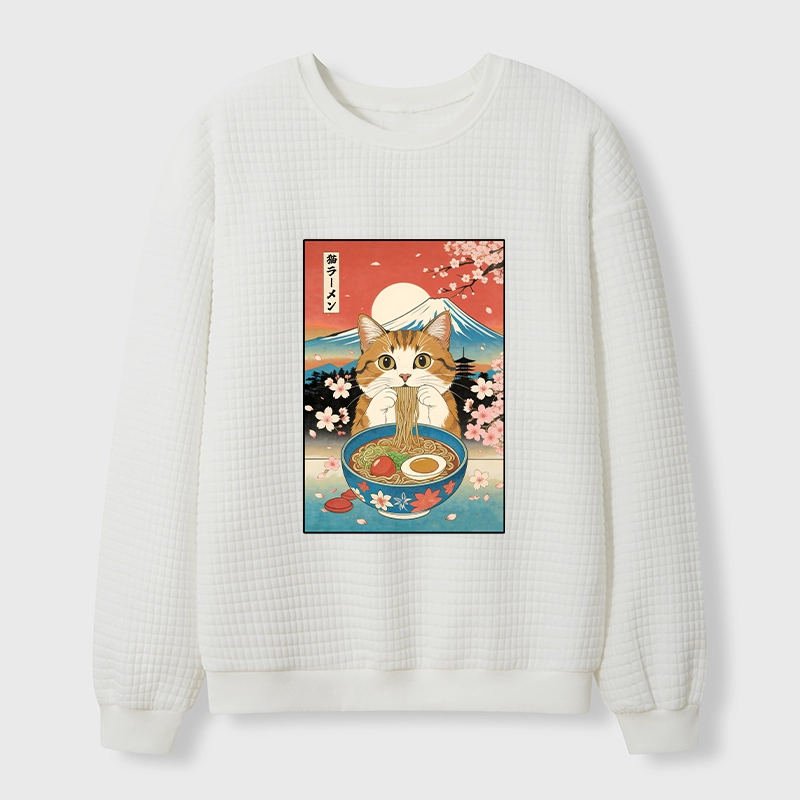 Tokyo-Tiger Funny Orange Cat Eating Ramen Japan Waffle Sweatshirt
