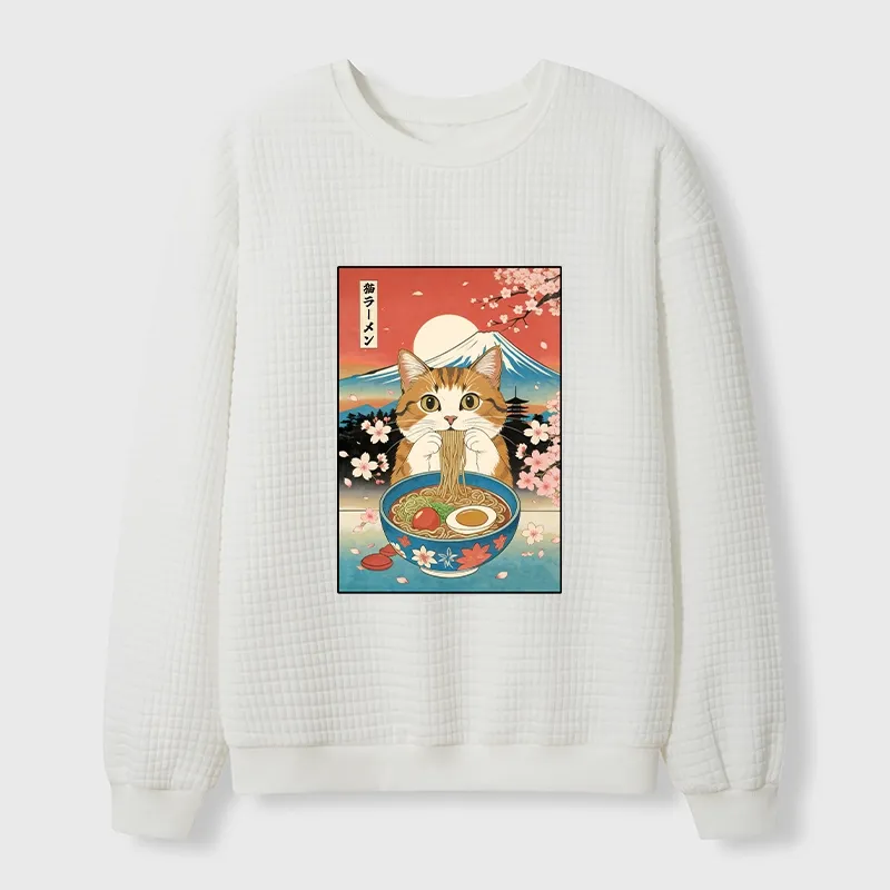 Tokyo-Tiger Funny Orange Cat Eating Ramen Japan Waffle Sweatshirt Sale