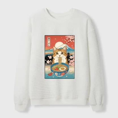 Tokyo-Tiger Funny Orange Cat Eating Ramen Japan Waffle Sweatshirt
