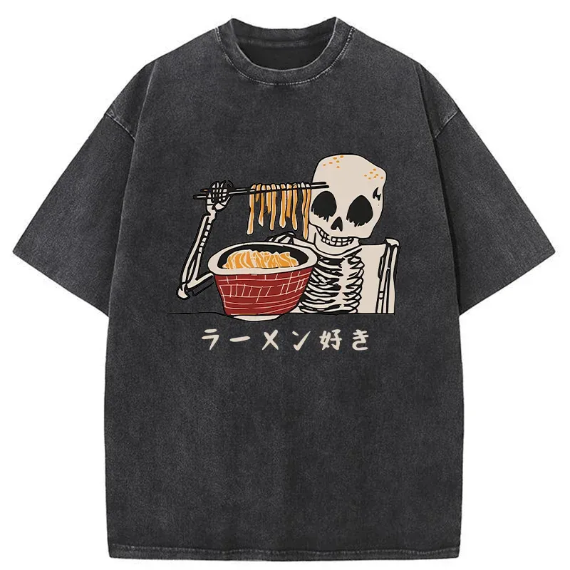 Tokyo-Tiger Skeleton Eating Ramen Washed T-Shirt