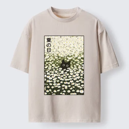Tokyo-Tiger Summer Day Daisies Black Cat Washed T-Shirt