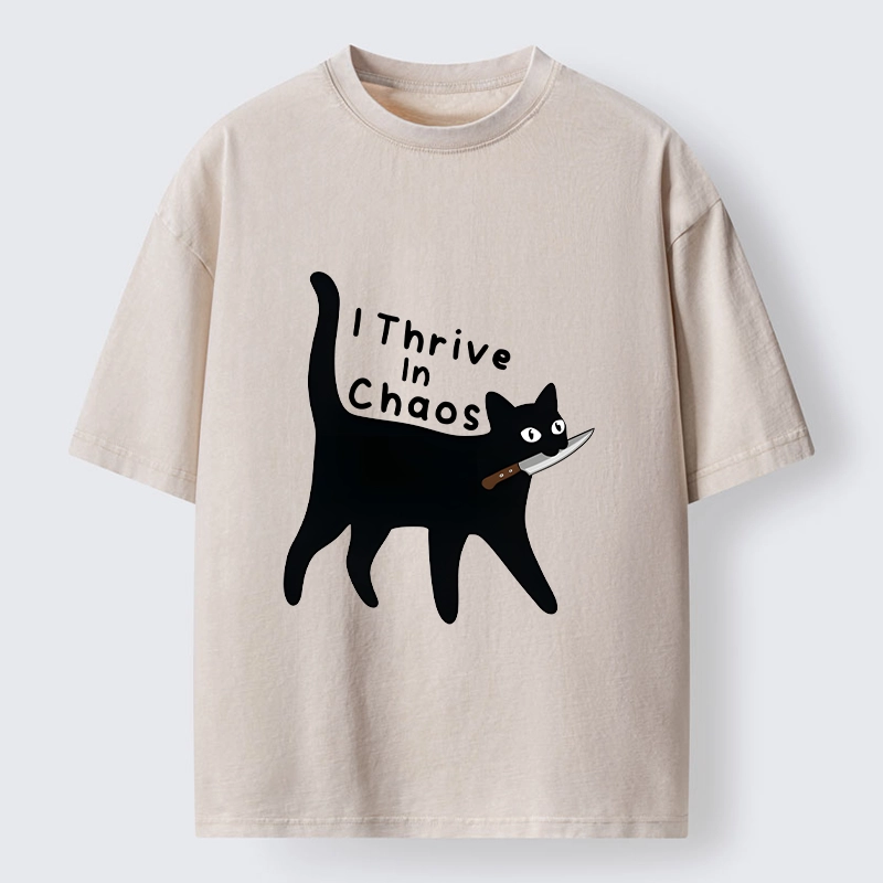 Tokyo-Tiger Chaotic Black Cat With Knife Washed T-Shirt