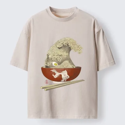 Tokyo-Tiger Kanagawa Noodle Wave Food Art Washed T-Shirt