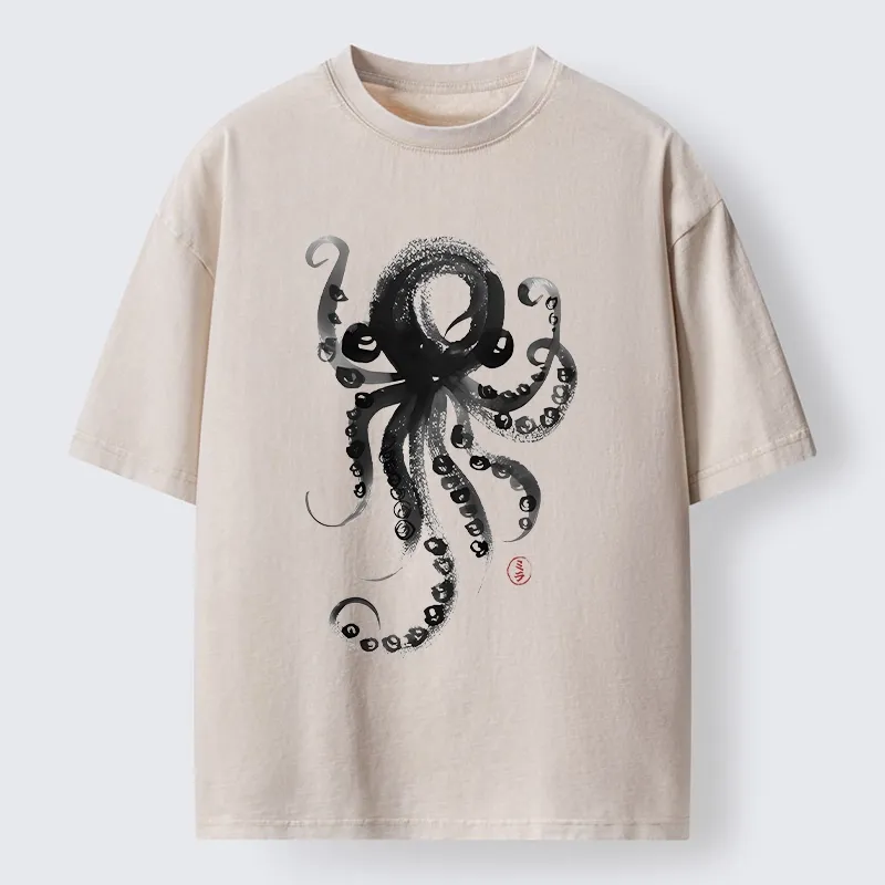 Tokyo-Tiger Japanese Ink Octopus Art Washed T-Shirt Sale