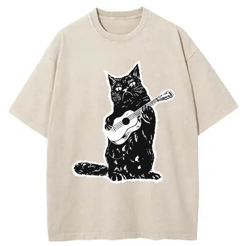 Tokyo-Tiger Cat Playing Guitar Washed T-Shirt