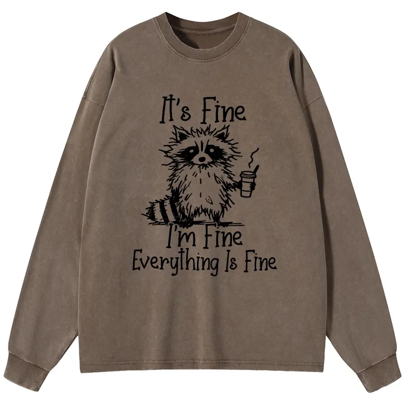 Tokyo-Tiger Raccoon Fine Meme Washed Long Sleeve T-Shirt