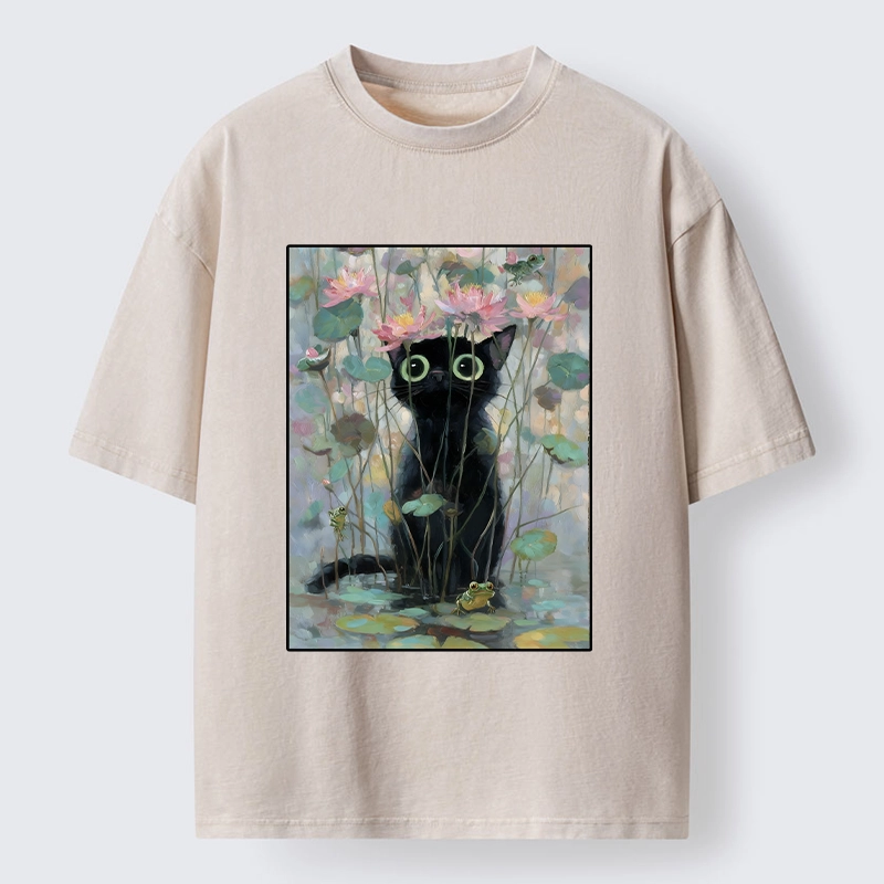 Tokyo-Tiger Black Cat In The Lotus Pond Washed T-Shirt