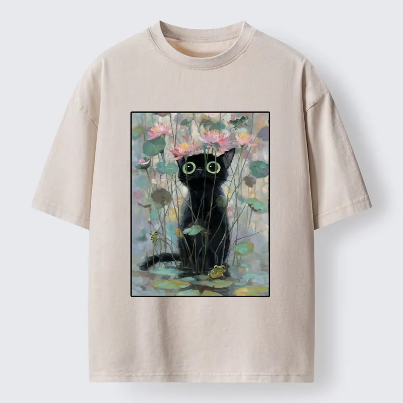 Tokyo-Tiger Black Cat In The Lotus Pond Washed T-Shirt Sale