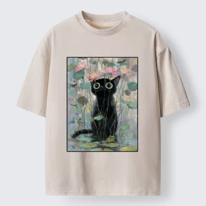 Tokyo-Tiger Black Cat In The Lotus Pond Washed T-Shirt