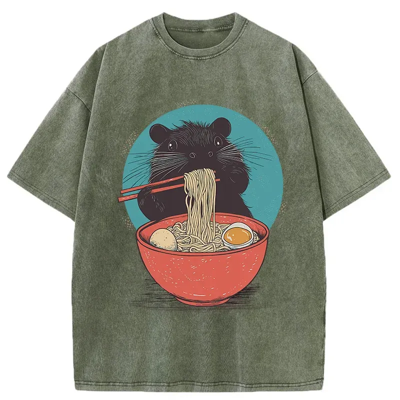 Tokyo-Tiger Hamster Eating Ramen Washed T-Shirt