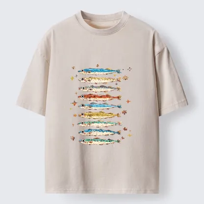 Tokyo-Tiger Colorful Fish Family Art Washed T-Shirt