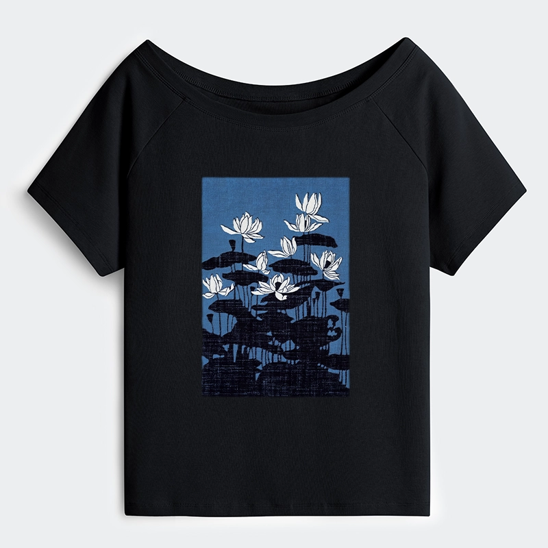Tokyo-Tiger Blue Lotus Japanese Art Off Shoulder T-Shirt