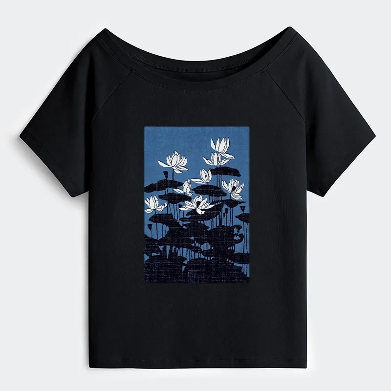 Tokyo-Tiger Blue Lotus Japanese Art Off Shoulder T-Shirt