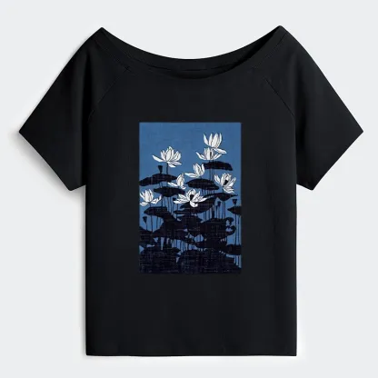 Tokyo-Tiger Blue Lotus Japanese Art Off Shoulder T-Shirt