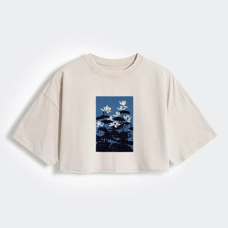 Tokyo-Tiger Blue Lotus Japanese Art Women's Washed Crop T-Shirt Sale