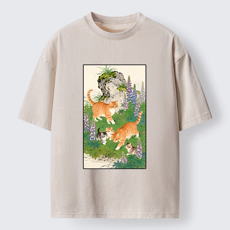 Tokyo-Tiger Tabby Cats In Garden Meme Washed T-Shirt