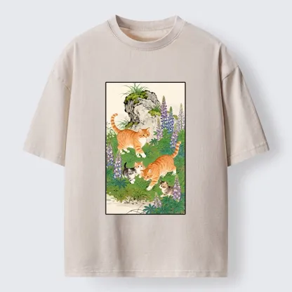 Tokyo-Tiger Tabby Cats In Garden Meme Washed T-Shirt