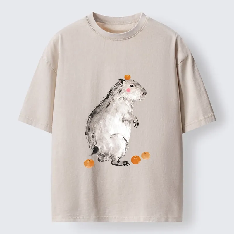 Tokyo-Tiger Orange On Capybara Funny Washed T-Shirt