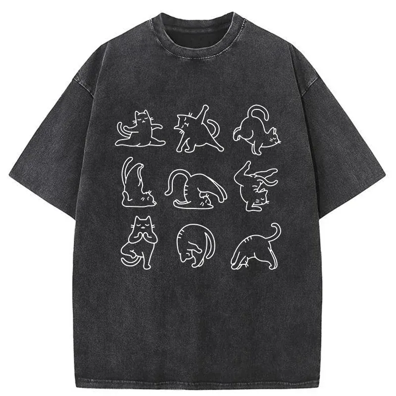 Tokyo-Tiger Cat Pose Yoga Washed T-Shirt